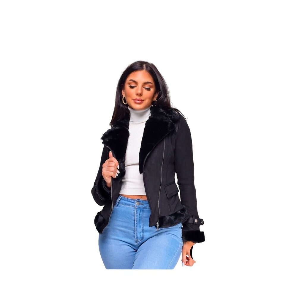 Emprada Blaer Black Suede Faux Fur Moto Jacket Size Medium New Without Tags